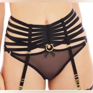 Bordelle Webbed Bondage Strappy Suspender Harness Black S/M NWOT 24k Gold